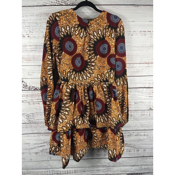 Ace Kouture Dress Womens Small Orange Geometric Flare Hi Low Ruffle Long Sleeve - Picture 2 of 10